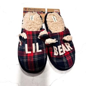 NEW Dearfoams Cozy Comfort “Lil Bear” Kids’ Red Plaid Slip On Slippers Youth 4/5